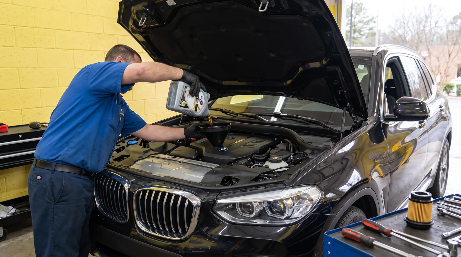 Technician servicing a BMW in a clean repair bay