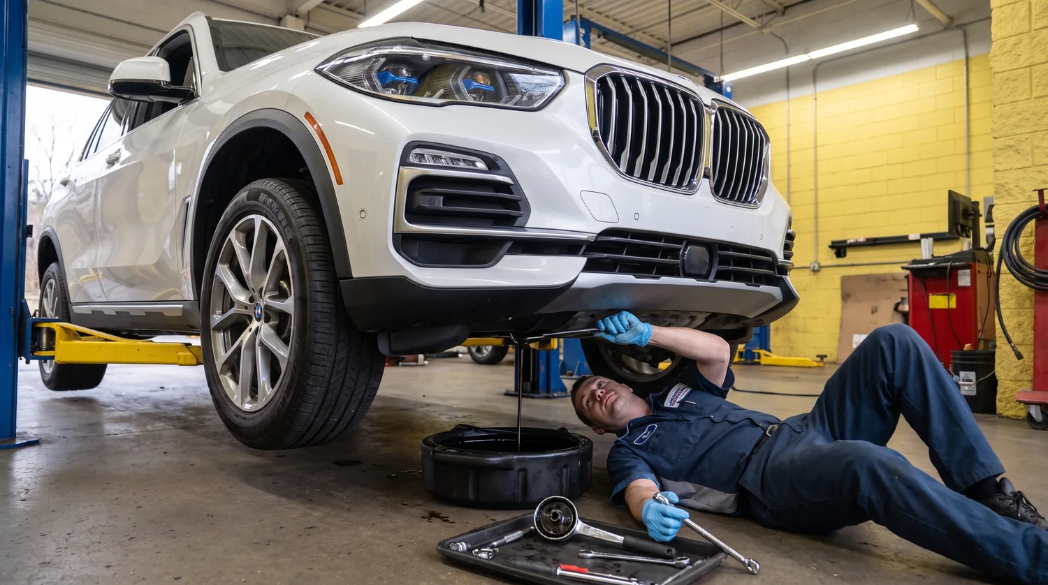 Technician performing service beneath a BMW on a lift