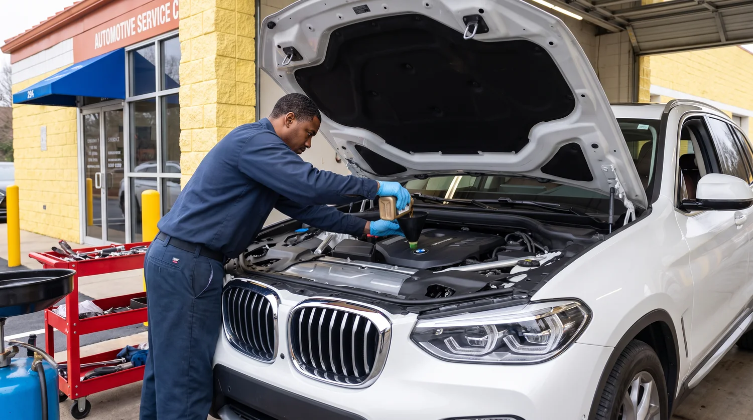 Technician working under the hood of a white BMW